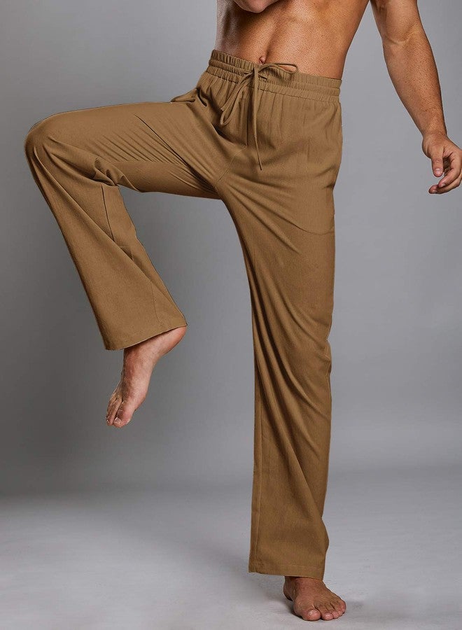PASLTER Mens Casual Linen Pants Loose Fit Straight-Legs Elastic Drawstring Waist Summer Beach Yoga Long Pants B-Brown - Image 4